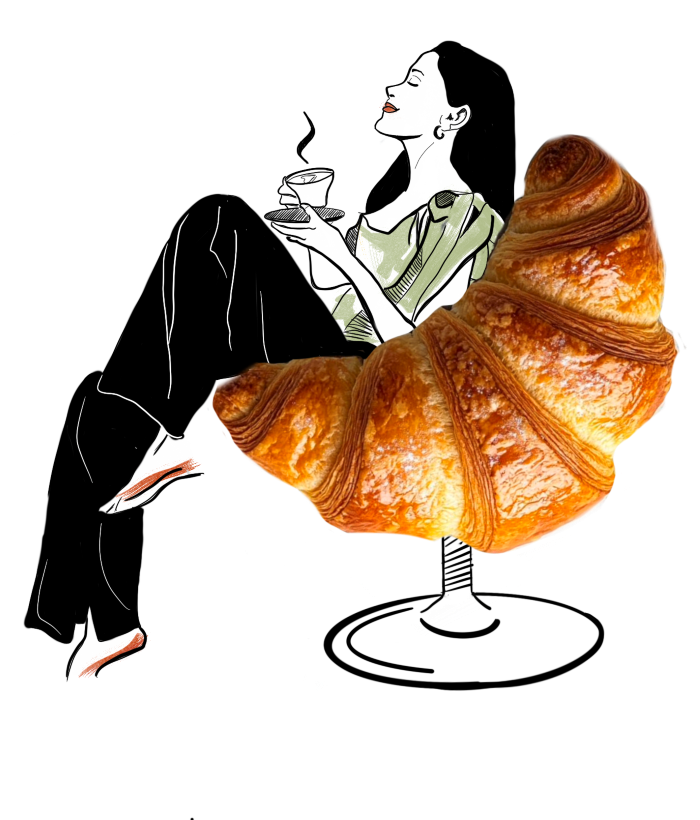 Markenmoment für Slow-Living Marken. Illustration einer Frau die in einem Croissant sitzt und einen Espresso trinkt.